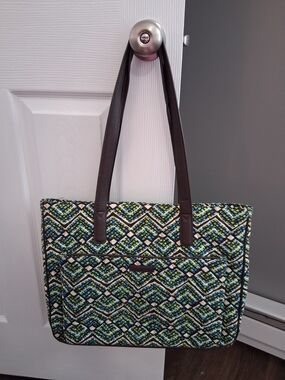 Vera Bradley Blue Multi-Pattern Quilted Laptop Tote with Brown Handles